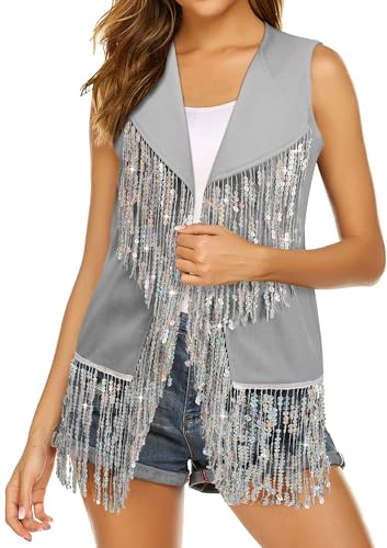 WLLW Women Sparkly Fringe Vest Long Glitter Tassel Cardigan Tops Sleeveless Open Front Blazer Vest Sequin Jacket, A-silver, Medium