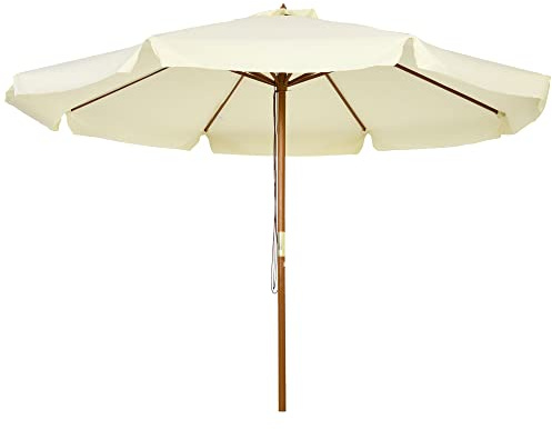 Outsunny 3.3m Wooden Garden Parasol Umbrella, Outdoor Sun Shade Canopy with 8 Bamboo Ribs, Ruffles and 4.7 cm Wood Pole for Balcony Deck Yard Market Beach Pool, Beige