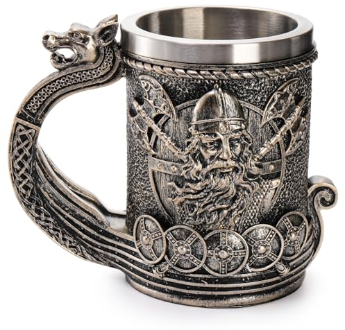 ZENFUN Taza de cerveza Nordic Viking Ship Dragon, jarra de acero inoxidable 18/8, taza de café de vino de 17 onzas/500 ml, taza de cerveza de decoración poética de mitología nórdica, gran regalo para