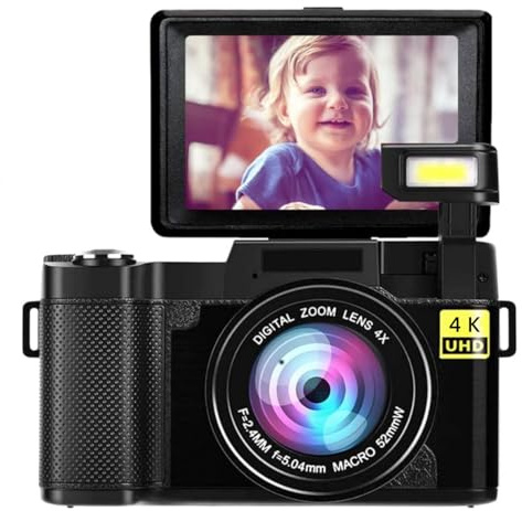 Fotocamera Digitale 4K, Schermo Flip da 180° con Zoom 16X da 3 Pollici 48MP, Fotocamera per con Messa a Fuoco Automatica Antivibrazione con Funzione di Bellezza del