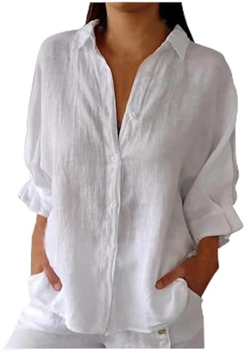 Moda Camisa Lino y Algodón Mujer - Casual Camiseta Manga Larga Cuello Solapa Con Botones - Multicolor Suelta Blusa Verano - Camisa Blanca