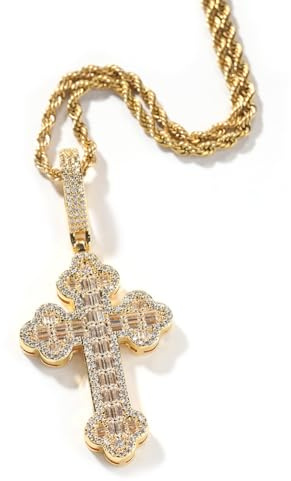 Lulu Mel Iced Out white Gold Plated Cubic Zirconia Cross Pendant Necklace With Rope Chain, Trendy Hip Hop Cross Faith Pendant Jesus Necklace For Men Women (Gold)