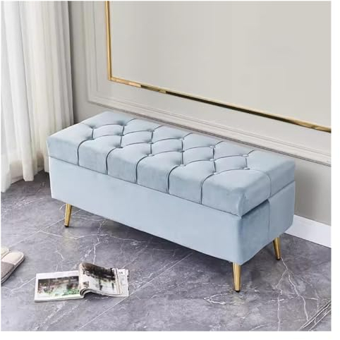 WIGSELBL Samt-Ottomane, gepolsterte Bettbank, Klappbank, Eingangsbank, rechteckige Bank mit goldfarbenem Sockel, gepolsterte Schlafzimmer-/Sofabank für Zuhause (Farbe: Blau, Größe: 40 cm)