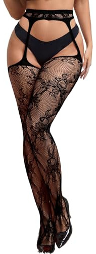 ohyeahlady Womens Lace Suspender Tights Plus Size Thigh High Stockings Stretchy Fishnet Tights Box Package Pantyhose for Women XS-M,Black