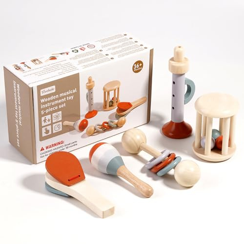 Musikinstrumente für Kinder 5 Stück Holzspielzeug Montessori Spielzeug Trompete,Kastagnetten,Maracas,Käfigrasseln,Ringrasseln Baby Musikspielzeug ab 1 2 3 Jahre