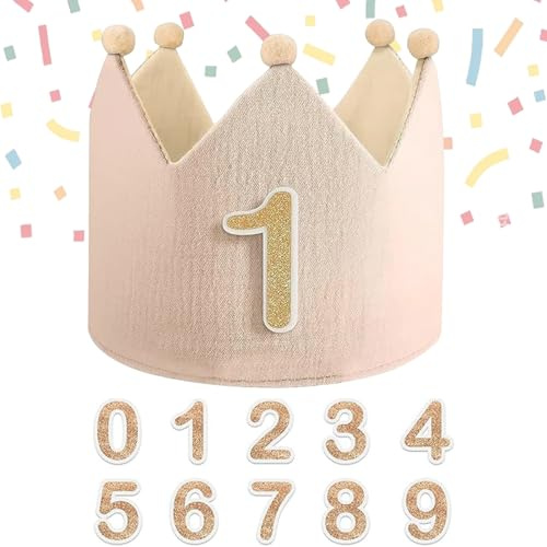 Yphzmtz Geburtstagskrone mit Zahlen 0-9 für Mädchen & Junge Geburtstag Kinderkrone Party Deko Hut Musselin Krone Kindergeburtstag Deko, Beigegrau