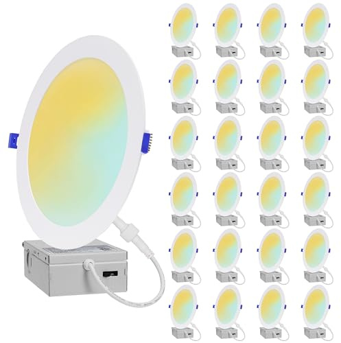 GLOWNOVA 24-Pack of 8-Inch Ultra-Slim LED Downlights with Junction Box, Adjustable Color Temperatures (2700K-5000K),18W EQV to 125W, Dimmable, 1600LM Luminance - ETL and Energy Star Certified