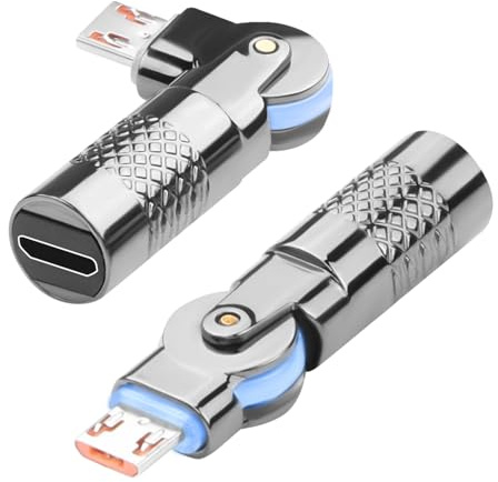 QIANRENON 180° Schwenkbarer Micro USB Aufladen Daten Adapter mit Drehbarer Micro USB Buchse, 5V 3A 480Mbps, Metallgehäuse LED Licht, 2Pcs