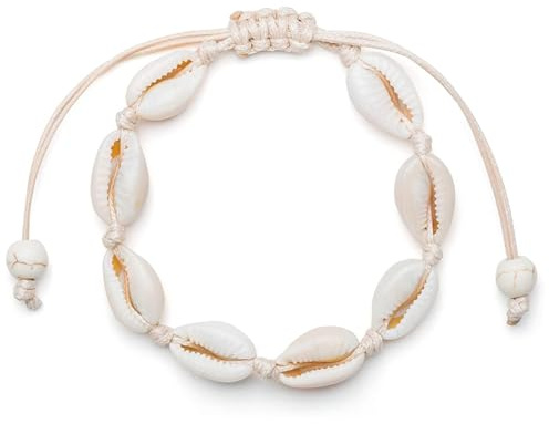 Waltonalice Mussla armband vristlänk, snäckpärlor, armband, justerbart vänskapsarmband, boho, fotlänkar, damer, handgjorda, vävda, mussla, fotsmycke, boho för kvinnor, flickor, vit