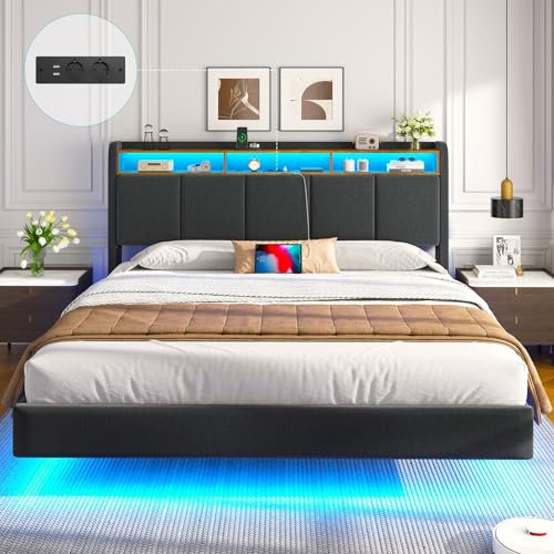 Brinlawb Polsterbett 160x200 cm Schwebebett mit LED-Beleuchtung, Kopfteil und Ladestation(2 AC-Steckdosen, 2 USB-Anschlüsse) Bett 160x200 mit Stauraum, Modern Doppelbett mit lattenrost, Leinen, Grau