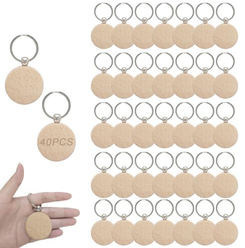 DUDUI 40 Stück Schlüsselanhänger Holz Rohling, 4cm Schlüsselringe, Schlüsselanhänger zum Basteln für Malerei, Geschenke und Dekoration(Dicke 7mm)
