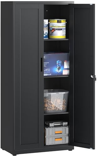 Aktenschrank, abschließbarer Garagenschrank, 3 Ebenen Büroschrank, Werkstattschrank mit verstellbaren Regalen, für Büro, Garage und Hauswirtschaftsraum, 40 x 75 x 181.5 cm, Schwarz