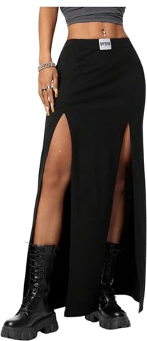 GORGLITTER Women's Low Waist High Slit Maxi Skirts Letter Patched Goth Party Clubwear Long Skirt Black Large