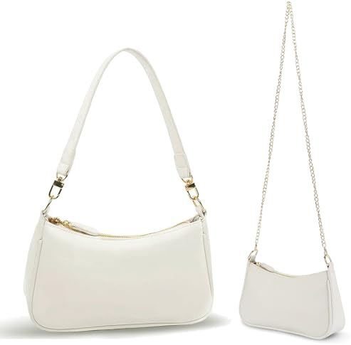 Fynokst Kleine Damenhandtasche, Lederhandtasche mit Reißverschluss, Umhängetasche mit langer Kette, geeignet für Reisen, Partys und Büro, Weiß