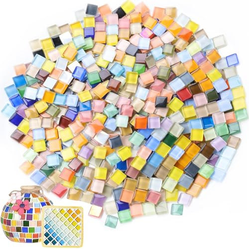 Exquilnova 900g Crystal Mosaic Tiles,1 X 1cm Mosaic Tiles Arts and Crafts,About 1000 Pieces Mixed Color Mosaic Kit for DIY Crafts,Plates,Flowerpots,Vases,Cups,Home Decor