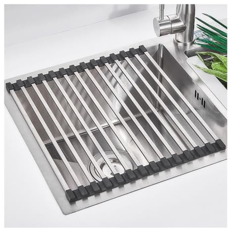 Escurridor de platos – 32 – 60 cm, extensible de acero inoxidable, escurridor enrollable antideslizante para un fácil secado (L 55 cm)