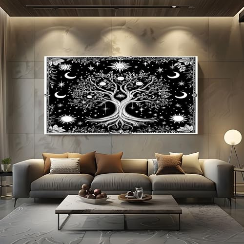 ZORYAN Groß Leinwand Bilder für Schlafzimmer Deko Mystisch Lebensbaum XXL | Kunstdruck mit Himmelskörper Sonne Wanddeko Spirituell Mond Wandbilder - Modern Decor Canvas Ungerahmt 60x120 cm