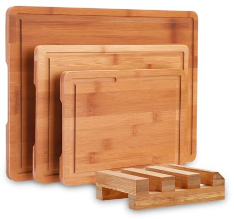 3 Piece Carbonized Bamboo Chopping Board Set with Standand Juice Grooves | Carbonised bamboo cutting boards 15 x 10, 12 x 8 and 9 x 6 in; side grips; chopping and serving use