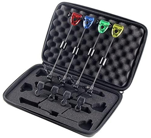 Lot de 4 détecteurs de morsure de carpe avec lumière LED - Détecteur de swing lumineux - 32 cm - Avec boîte de transport - Indicateurs de touche pour la pêche à la carpe