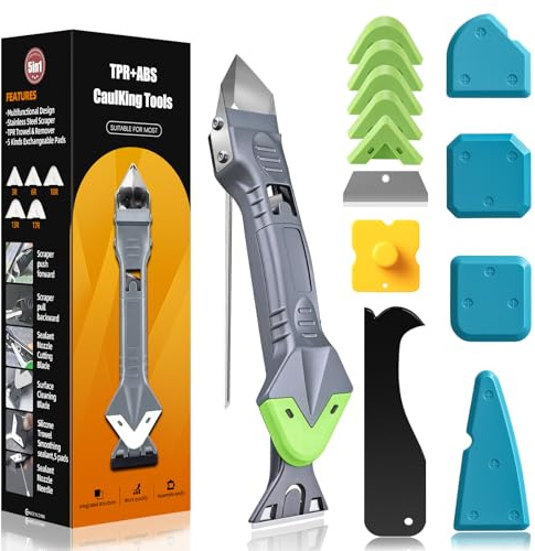 5 In 1 Caulking Tool Kit, Silicone Caulking Tool with Stainless Steel Head & Caulk Scraper, Sealant Finishing Tool with Multiple Angles, Caulk Remover Tool for Kitchen, Bathroom & Window Caulking