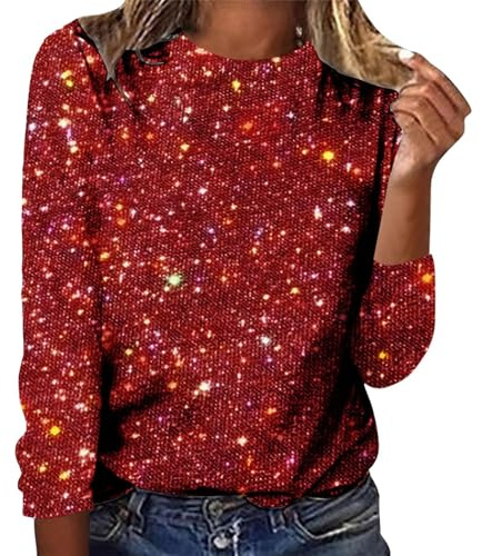 duaicnvow Toppar för kvinnor paljett glittrande skjorta v-ringad blusar glittrande glitter strass topp elegant kortärmad rund hals uppklädd t-shirt damer paljetttoppar glittrande tunika toppar, Röd, M
