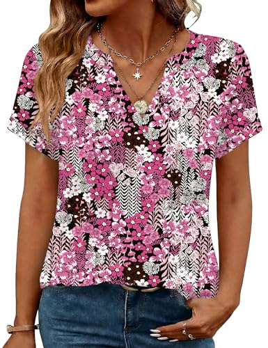 Rapbin Women's V Neck Blouse Short Sleeve Floral Print Tops Casual Loose Fit Tunic Shirts with Rolled Cuffs Summer (18-20,Black & Pink Flowers)