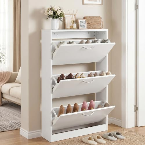ROCSUMOO Schuhkipper Schmal 60cm Breit, Schuhregal Holz (Weiß) | Schuhschrank mit 3 klappbaren Schubladen, Flurschrank geschlossen