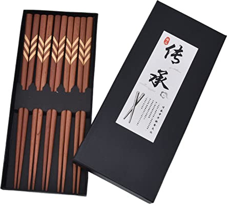 Japanese Style Wooden Chopsticks, Reusable Chopsticks Set, Red Sandalwood and Boxwood with Diagonal Stripe Pattern, Food Grade Varnish Treated, Lightweight Durable Chopsticks for