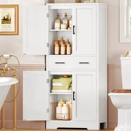 TEENFON 148 cm Armario de Baño, Mueble Baño con 1 Cajones y Estante Ajustable, Columna Mueble Auxiliar para Baño, Salón, Cocina, 60 x 30 x 148 cm, Blanco
