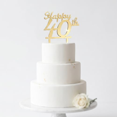 40th Birthday Cake Topper - Gold Acrylic Happy 40th Cake Decoration for Women & Men - Elegant Reusable Party Decor for Adult Birthday Celebration