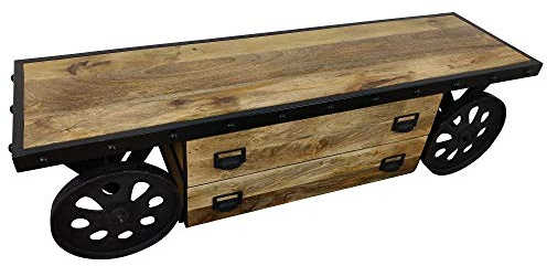 Indoortrend TV Lowboard Sideboard mit Rädern - Fernsehtisch im Industrial Design aus hochwertigem Mangoholz mit Metall Rahmen, Zwei Schubladen zum Verstauen von Technik - Maße (B/T/H) 167/47 / 45 cm