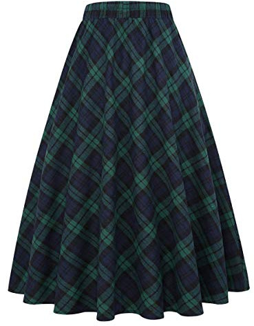 Plaid Skirts for Women 2025 Fall Winter A Line Pleated Wool Flannel Tartan Tweed Corduroy Midi Skirt, Green, M