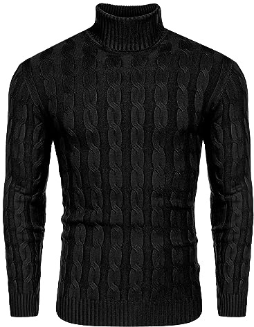 COOFANDY Men's Turtle Neck Jumper Cable Knit Roll Neck Tops | Long Sleeve Knitted Sweater, Slim Fit Warm Pullover, Stretchy Breathable Jumpers for Smart Casual