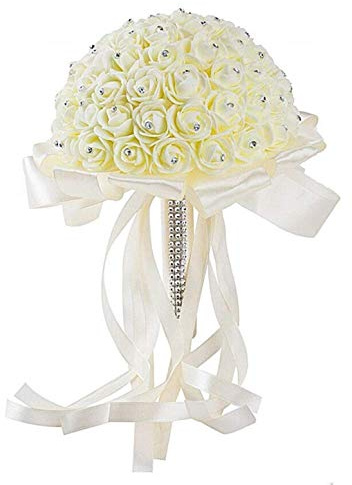 KIRALOVE Bouquet Fiori Sposa Artificiali Rose Strass Punti Luce Colore Panna Manico 15cm Fiori Diametro 20cm Decorazioni Cerimonia Matrimonio Comunione