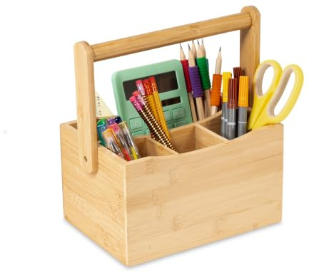 Osco Bamboo Mobile Caddy 4 Compartment Organiser for Kitchen Utensils, Stationery Organiser, Arts and Crafts Canvas Brush Storage, Cutlery and Condiment Holder, 26x21.5x15.3 cm