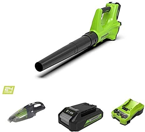 Greenworks Cordless Axial Leaf Blower G24AB and Cordless Handheld Vacuum Cleaner G24HV (Li-Ion 24V, 144km/h Air Speed, 2-Filter System for Wet and Dry Use with 2Ah Battery and Charger)