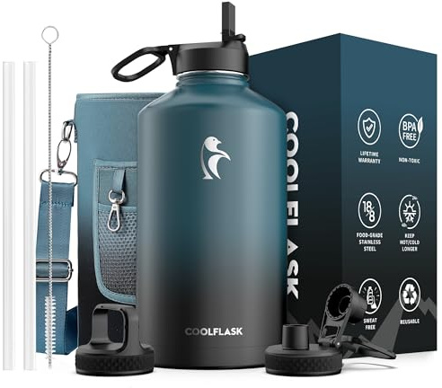 Coolflask 128 oz Gallon Water Bottle Insulated with Straw&3 Lids, Water Jug Large Stainless Steel Metal Vacuum Wide Mouth for Sports, Gym or Office, Non-BPA Keep Cold 48H Hot 24H, Samurai Cyan