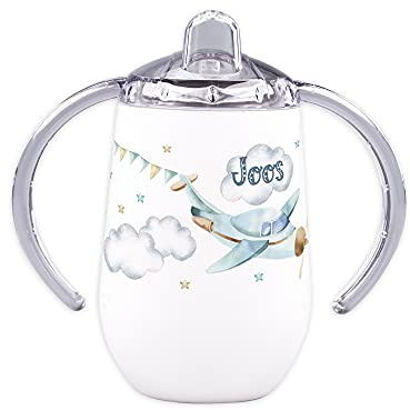 GRAZDesign Trinklernflasche mit Griff, personalisiert Wunschname, Kleinkinder Baby Junge, Segelflugzeug Himmel Wolken, Learner Cup, Geschenk Geburt Taufe, Edelstahl, 300ml