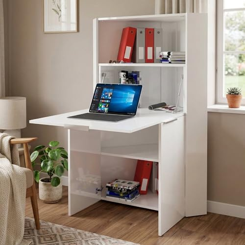 Dmora - Bureau Gianmaria, Mobilier polyvalent avec étagères et plan de travail, Table de bureau polyvalente, Bureau multiposition gain de place, 100% Made in Italy, 70x57h140 cm, Blanc brillant