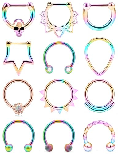 Vsnnsns 16G Septum Rings Piercing Jewelry 316L Stainless Surgical Steel Skull Flower Opal Clicker Horseshoe Septum Nose Rings Hoop Piercing Jewelry for Women Men 16 Gauge Rainbow 10mm Hypoallergenic