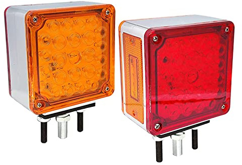 2 PCS Amber/Red Double-Face Pedestal Fender Light with Stud Mount, Square 52 LED Stop Turn Tail Signal Trailer Light for Semi Trucks Peterbilt Kenworth Freightliner Towing Dual-Face Orange Waterproof