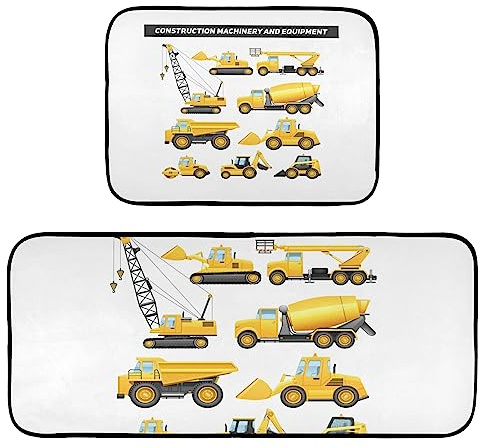 Construction Equipment Yellow Machinery with Truck Crane Bulldozer 2 PCs Non Slip Kitchen Mats, Absorbent Runner Rug for Kitchen Floor Carpet, Plush Bath Mat Toilet Rug Doormat Contour Rug