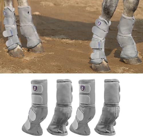 Harrison Howard Horse Fly Boots Perfect Contoured Fit Leg Guards Dense Mesh Boots with Ventilated Comfort Reliable Protection from Summer Elements Set of 4 Silver Grey L