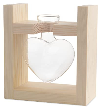 Heart shaped table top clear glass vase, light bulb glass vase with solid wood stand hydroponic plant propagation station for garden, office, coffee table, wedding decoration terrarium
