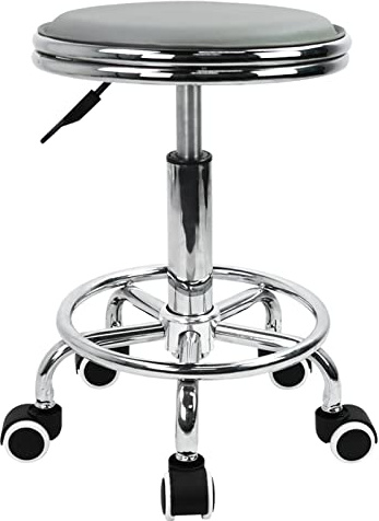 KKTONER Rund rullande pall med fotstöd PU-läder höjdjustering modern industriell metallstil svängbar spa salong tatuering arbete massagepallar små (grå)