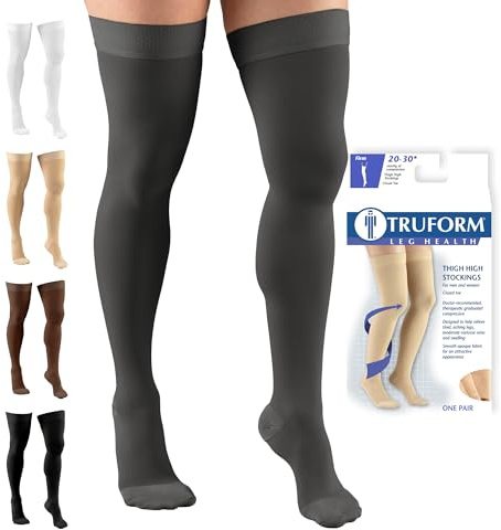 Truform 20-30 mmHg Compression Stockings for Men and Women, Thigh High Length, Dot Top, Closed Toe, Charcoal, Medium