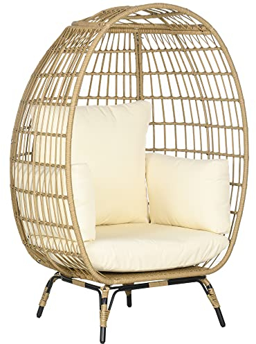 Outsunny Rattansessel in Korbform, Rattanstuhl mit Sitzkissen, Erhöhter Gartensessel für Balkon, Terrasse, Metall, Khaki, 105 x 90 x 148 cm