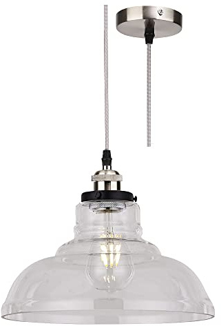 Britalia Brushed Chrome & Clear Tapered Dome Glass Vintage Retro Pendant Ceiling Light | 28cm Diameter | Silver Braided Cable | 1 x ES E27 Lamp Bulb Required | 240 Volts | Bedroom - Lounge - Kitchen