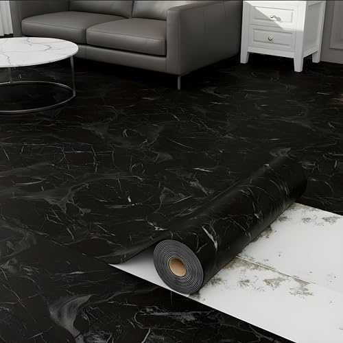Oxdigi Vinyl Floor Tiles Peel and Stick 23x 118/19 Sq.Ft, Thicken Self Adhesive Vinyl Flooring Roll Marble Pattern Waterproof DIY Floor Coverings for Bathroom Living Room Kitchen, Black Marble
