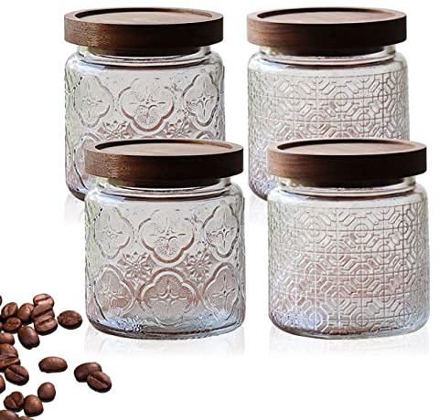 Vorratsgläser mit Deckel 4er Set, Vorratsdose, Luftdicht Aufbewahrungsgläser Gewürzgläser mit Holzdeckel, aus Verstärktem Borosilikatglas Glasbehälter Set, Verratsgläser für Kaffeebohnen(450ml)